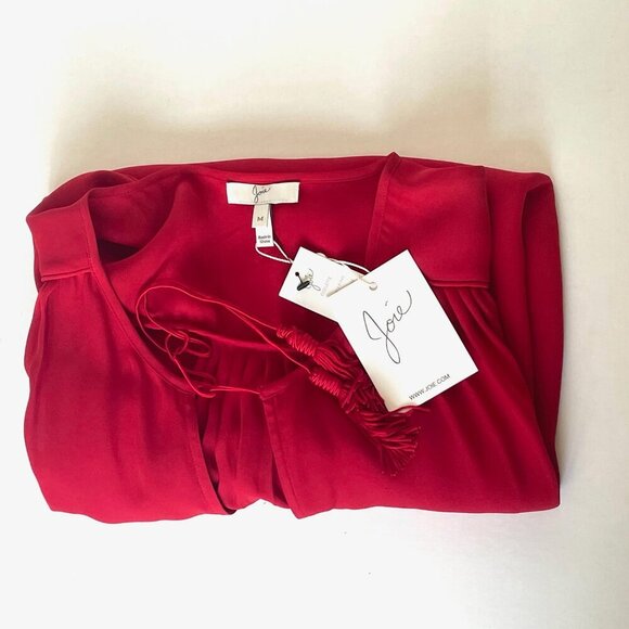 Joie Odelette Silk Top Womens Medium Red V Neck Tassel Ties Long Sleeve Blouse - Picture 9 of 10